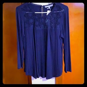 Navy Crochet Knit Long Sleeve Top